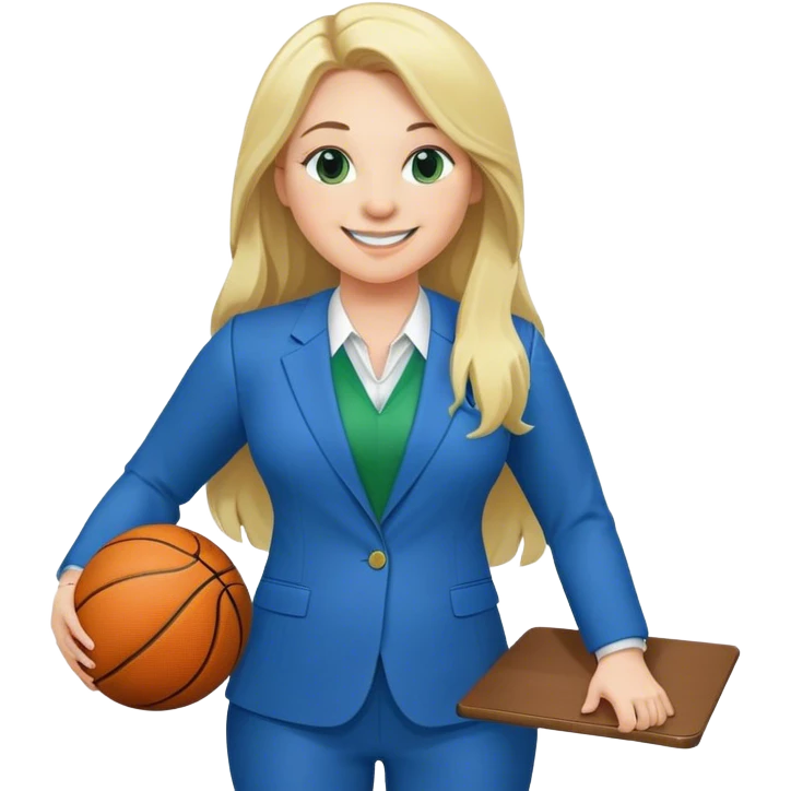 Full Body white plus size female with big nose basketball head coach using a clipboard with long blonde hair in a blue and green suit smiling with basketball and clipboard emoji