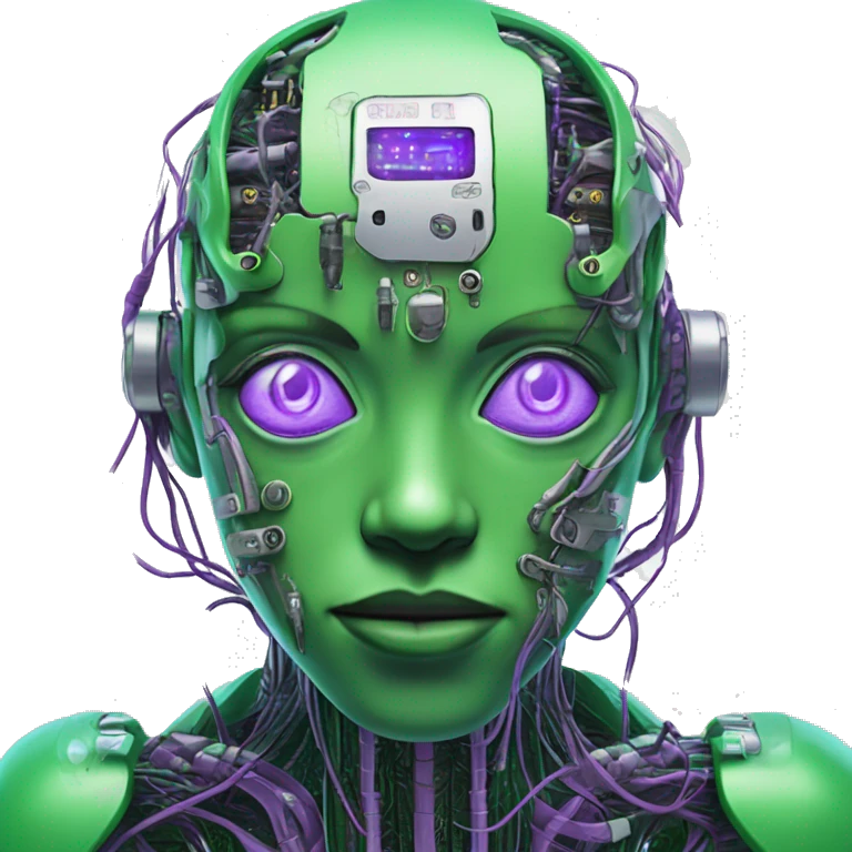 Green cyborg with violet eyes wires and circuits  emoji