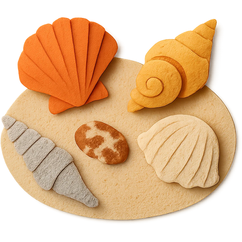collection of different sea shells, arranged on a sandy background emoji