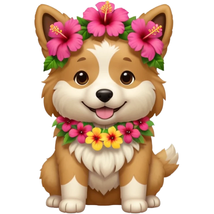 A fluffy dog wearing a bright hibiscus lei, wagging happily. emoji