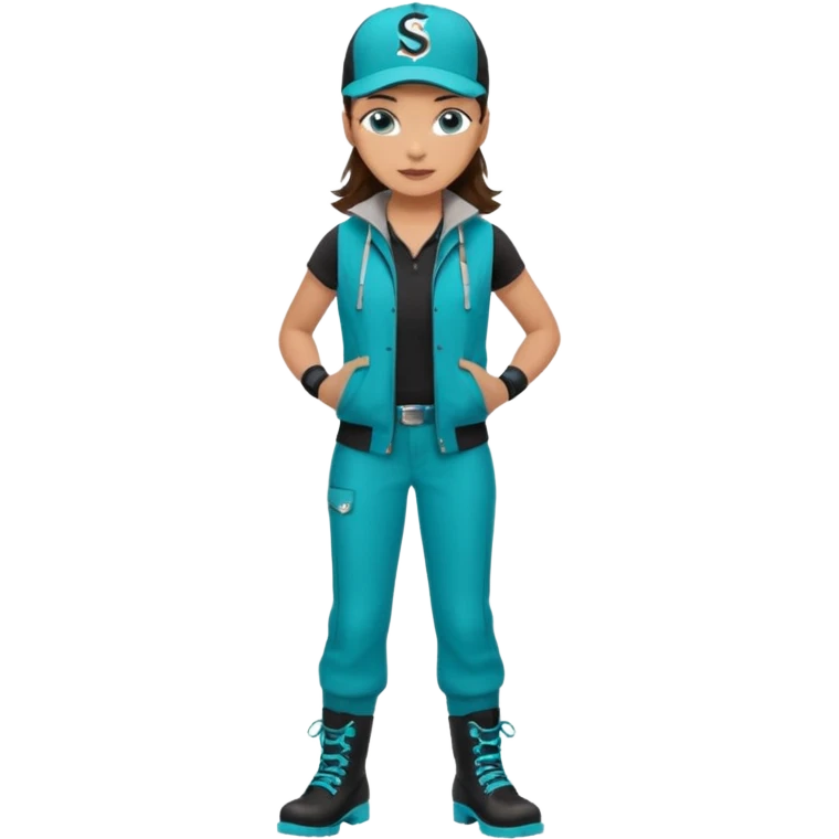 A landscaper in a beautiful turquoise jacket and turquoise boots, black pants, and a black sleeveless shirt. On his head is a black Swissotel baseball cap. The girl is a brunette with blue eyes. emoji