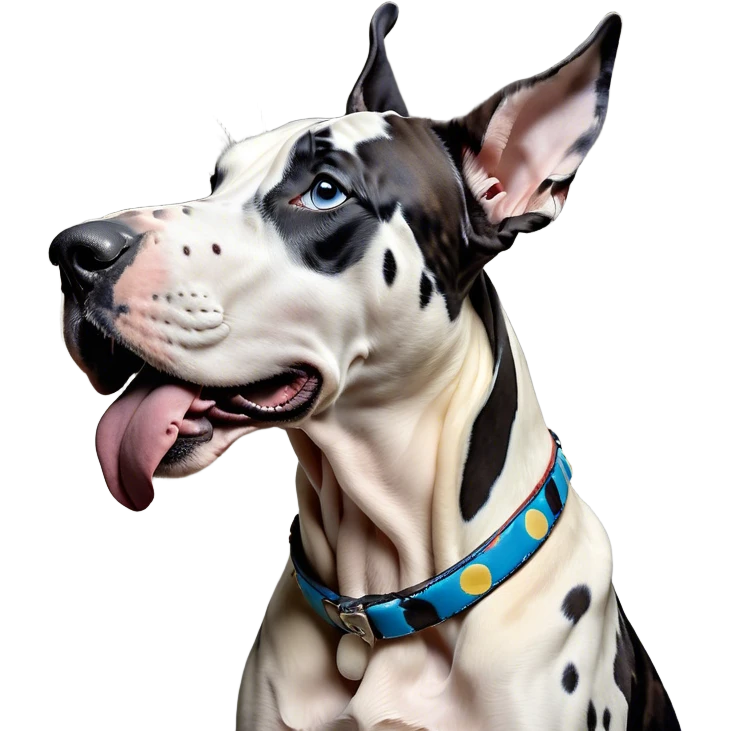 Cinematic Cute Yawning Harlequin Great Dane Portrait Emoji, Head tilted slightly with a dramatic, wide-open yawn, showcasing a smooth coat of predominantly white with bold black patches, floppy ears slightly drooping, round blue eyes barely open in drowsy contentment, Simplified yet irresistibly adorable features, highly detailed, glowing with a soft, cozy glow, high shine, relaxed yet expressive, stylized with a touch of whimsy, bright and endearing, soft glowing outline, capturing the essence of a sleepy yet affectionate guardian, so drowsy it feels like it could stretch out of the screen and curl up for a nap! emoji