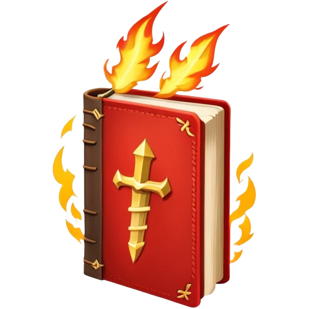 A fiery red book with golden details, a textured, leather-like cover, a flaming sword, or a lightning bolt, radiating power, resilience, and the fire of transformation-- the inner strength book emoji