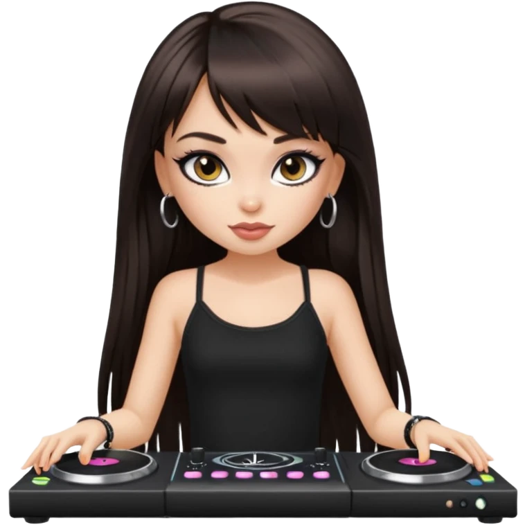 generate a pretty bratz girl in black cami top, dark brown straight long hair with bangs, eyeliner on, djing, fair emoji