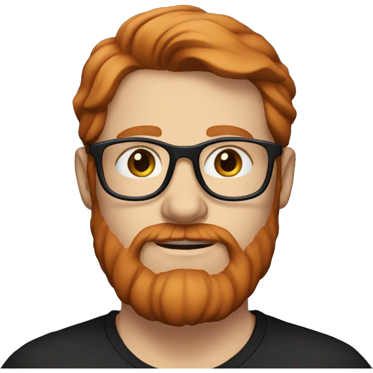 35 year old, male, red hair, pale, thick beard, blue eyes, white glasses, black shirt emoji