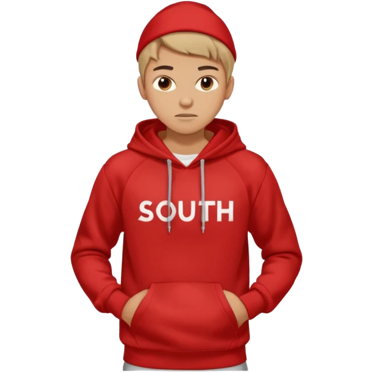 make me an emoji of an americain 19 yearold boy in a red hoodie that says "south" on it and give him with tan skin with his hands in his hands in his pocket not grining flexing his muscles emoji