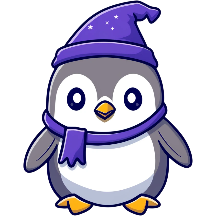 Cute penguin with wizard hat and magic sparkles emoji