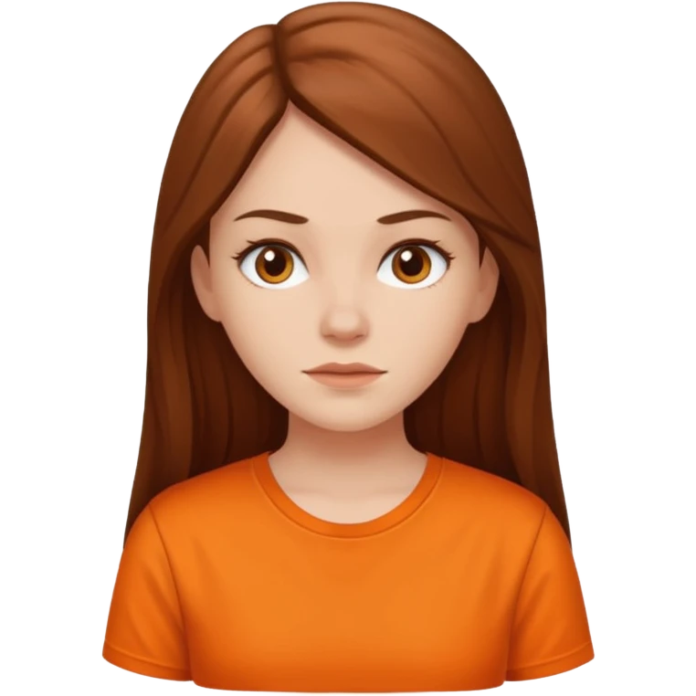 white girl with long hair and orange shirt not smiling emoji