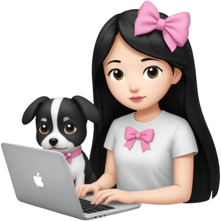 Asian girl long black hair, wearing a white t-shirt, working on an Apple laptop, next to her is a small black and white dog in pink bow emoji
