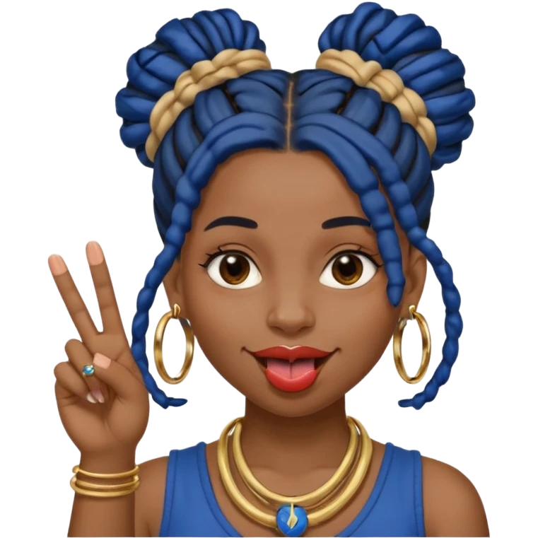 brown girl with dark blue dreads all in a bun with tongue out holding up middle finger emoji