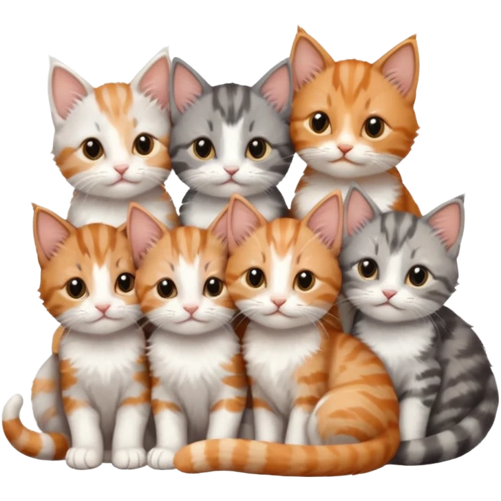 6 tiny kittens cuddling together all various different natural colours including grey and white, ginger and white, calico, grey, and brown tabby and white emoji