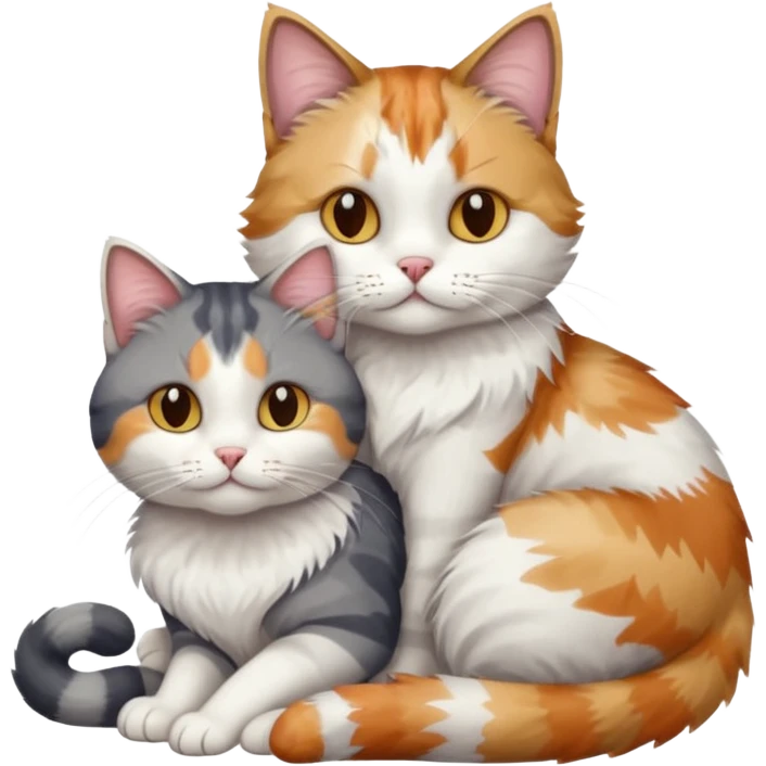 full body colourful light patched calico + white tabby cat cuddling a grey and white cat  emoji