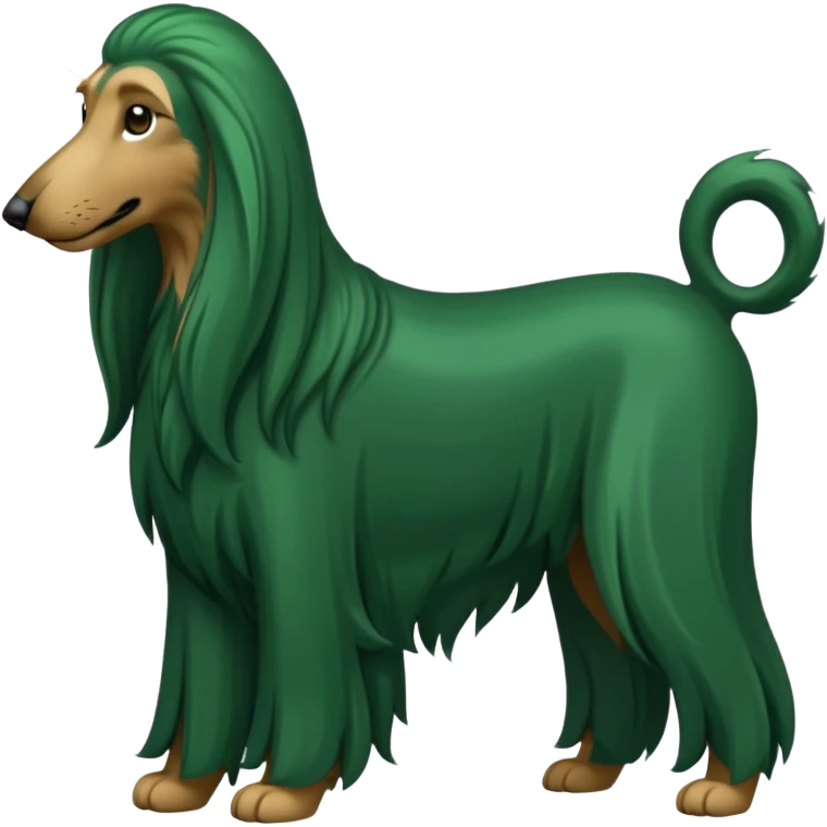 dark green dog extra furry afghan hound. The dog fur is totally dark green emoji