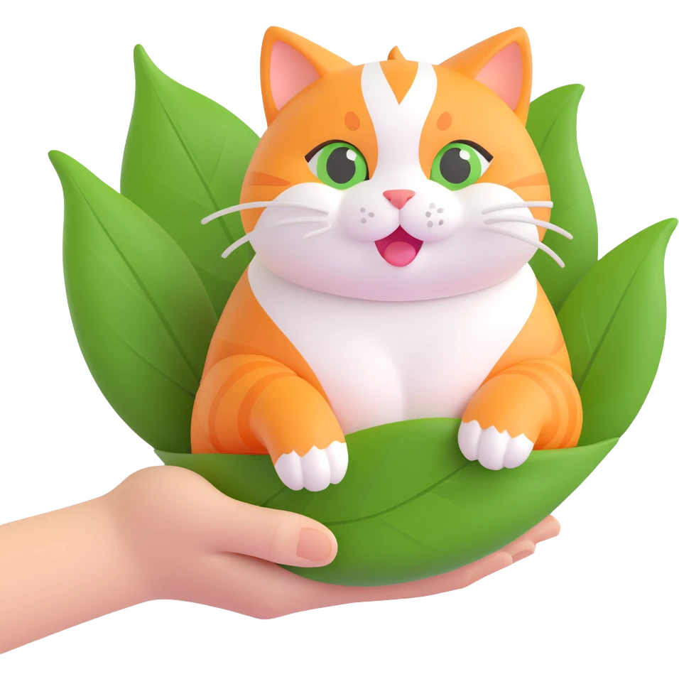 3D iOS style chubby orange and white cat wrapped in a green leaf, sitting in a hand, joyful adorable expression emoji