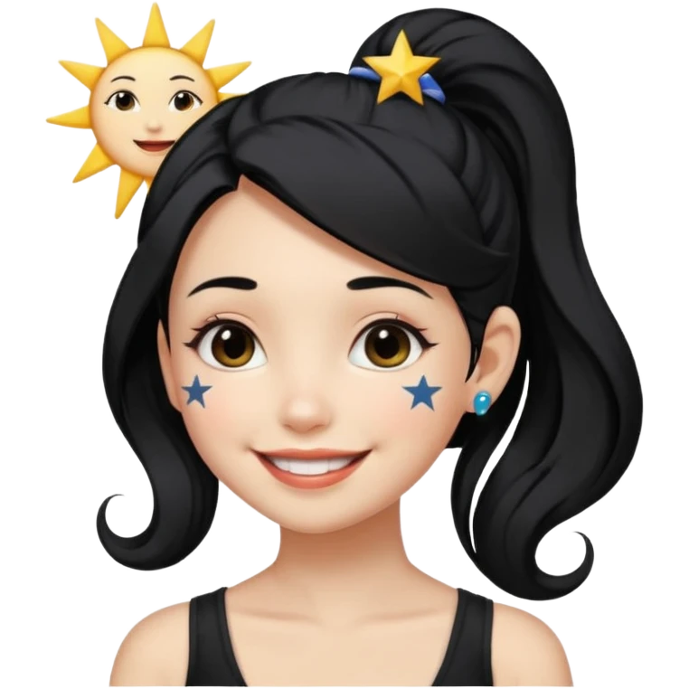 An Emoji of girl with black ponytail hair, who can be described by three words: sun, moo, star emoji
