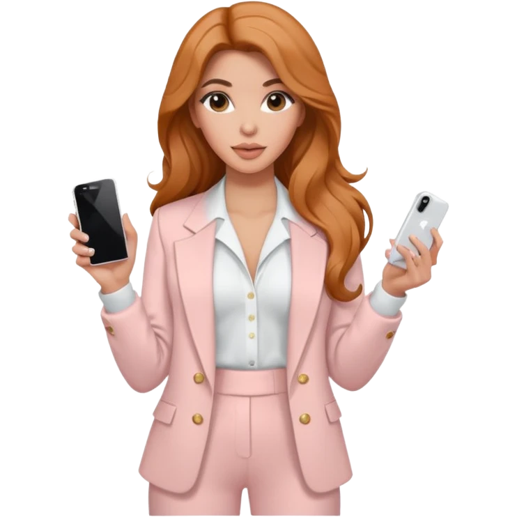pale skin Kim Kardashian with ginger wavy long Hair, light pink  Spacious classical jacket, light pink palazzo Arrow pants and white blouse holding white IPhone 15 pro in the hands emoji