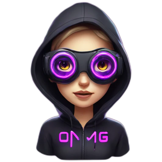Russian girl wearing black hoody with violet letters "OMG", in vr headset. Cyberpunk style. Violet neon. emoji