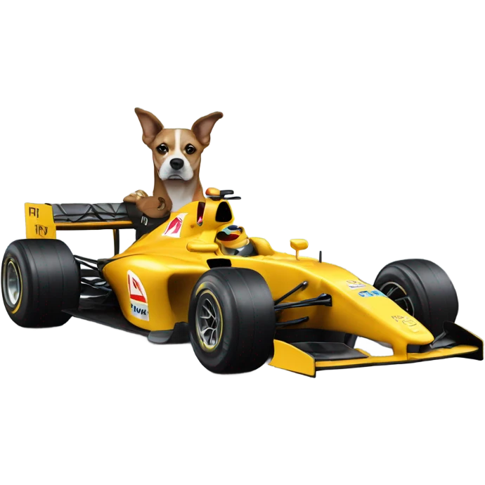 A dog drink coffee in an F1 car emoji