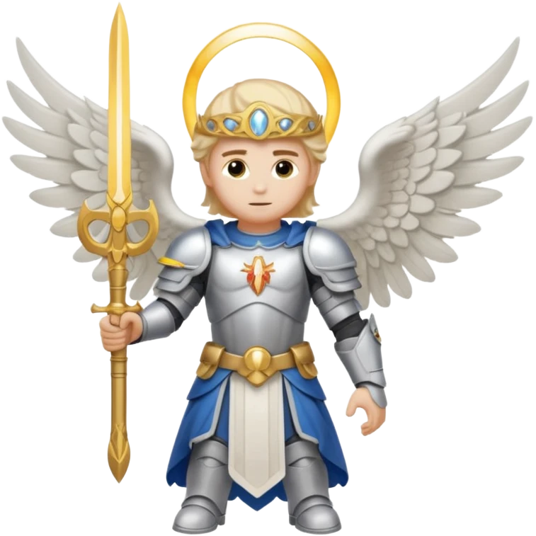 Michael the archangel is usually shown in emoji form as a brave, armored figure with a bright halo, wings, and a weapon. emoji