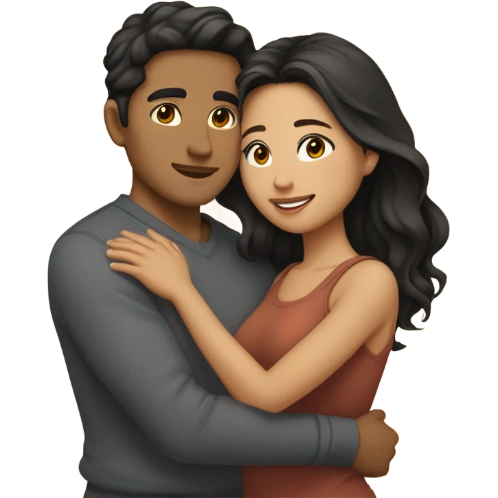They are holding each other very tightly. An Asian man with short dark hair and amber eyes embracing and loving a half Asian woman with long wavy dark hair and dark hazel eyes. They love each other a lot And have good fashion taste. emoji
