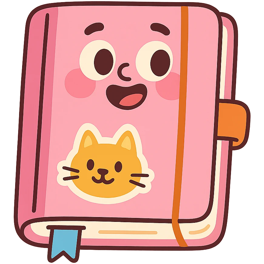 cute pink diary with a cat sticker on the cover, pastel colors emoji