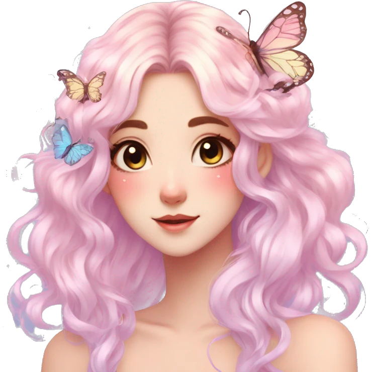 gorgeous anime pastel lady with butterflies and beautiful hair fairycore cottagecore emoji