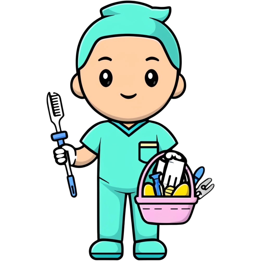 plastic surgeon in pastel scrubs with Easter basket and surgical tools emoji