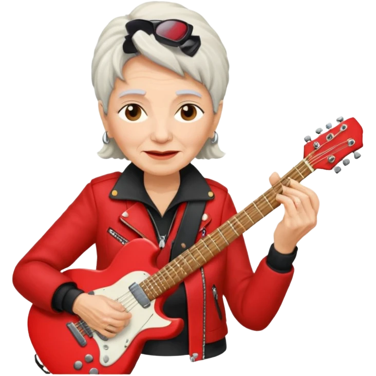 guitar rock player, elder woman head, red jacket emoji