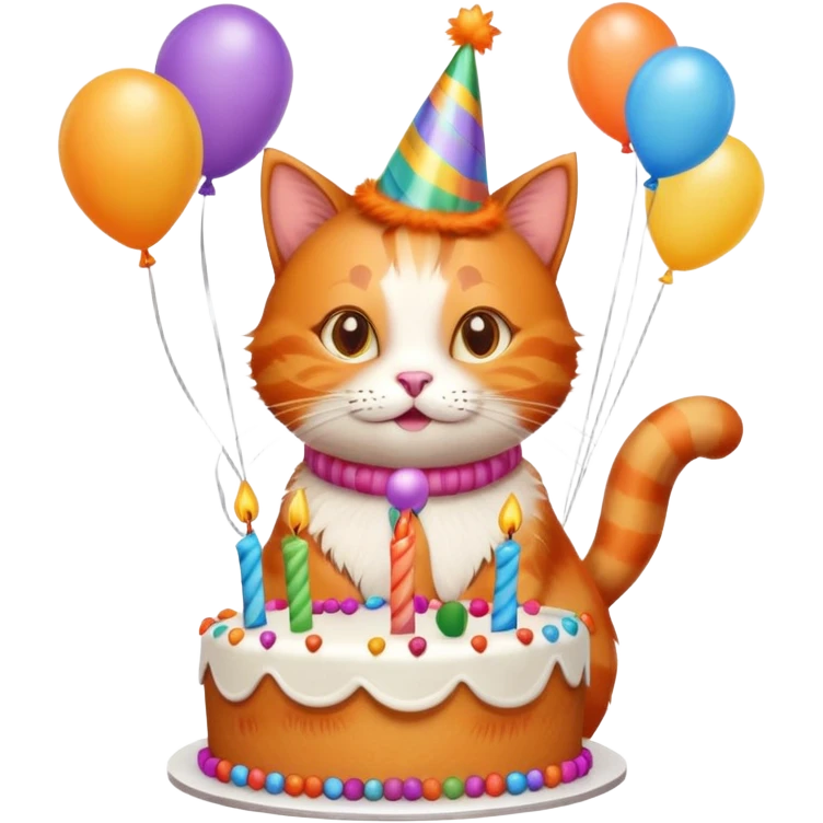 Ginger cat celebrates birthday, birthday hat, birthday cake, balloons, happy, gifts emoji