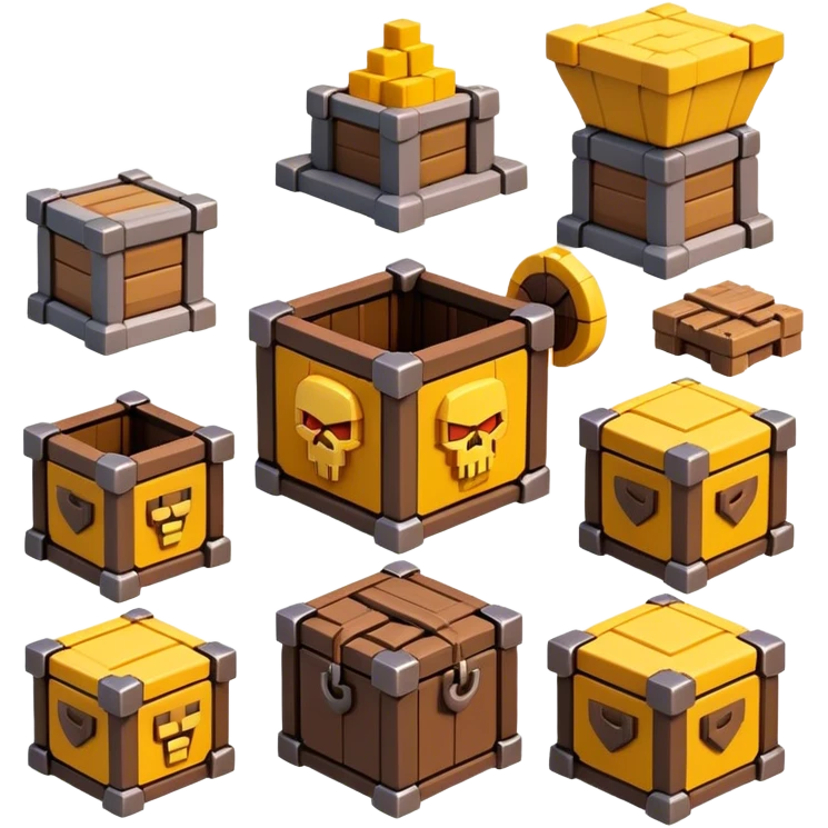 Clash of Clans aesthetic: Cinematic Playful Pixel 3D loot crate Emoji, rendered in a 3D vector-style similar to standard emojis with minimal shading and bold, simplified shapes. A compact, distinct form with signature details, softly glowing with a pixelated adventure charm. Simplified yet unmistakably iconic, highly detailed and consistent, glowing with a soft radiance and high shine. Stylized with a touch of classic pixel-art charm and a soft glowing outline, capturing the essence of a beloved gaming relic with a friendly, playful manner! emoji