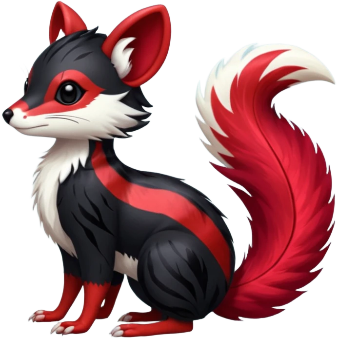 Feral Rare Fantasy shiny soft fuzzy furry vibrant tropical obsidian-black and crimson-red Vernid-Trico-species-creature by LiLaiRa, random markings, tufted tail, tufted ears, full body with markings with white skunk-tail-stripes emoji