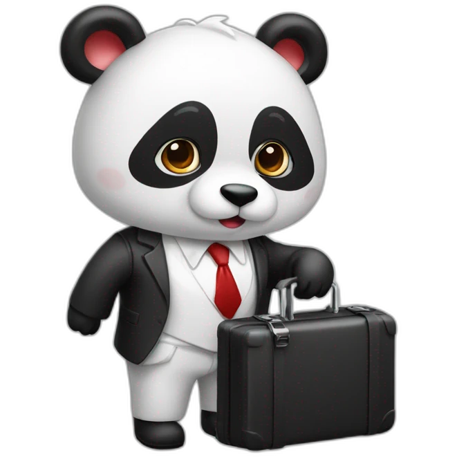 A professor with white suit and red tie and a panda face eating a hotdog and holding a black suitcase emoji