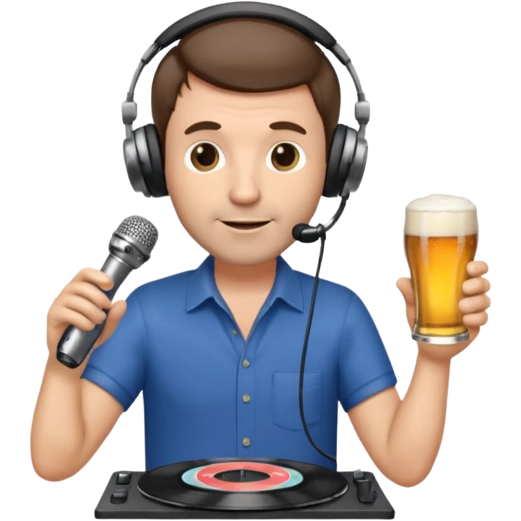 a middle aged white male radio presenter, with short brown hair and slightly unshaven, wearing headphones, speaking into a microphone, with a beer in his right hand and vinyl record in his left hand emoji