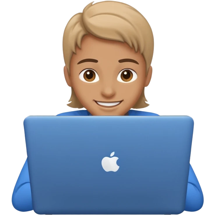 a person smiling while work on a blue laptop emoji
