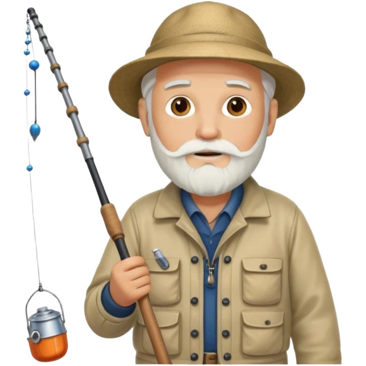 an old white haired, bearded man in fisherman attire, stood in a boat at sea, holding a fishing rod and catching fish with it. emoji