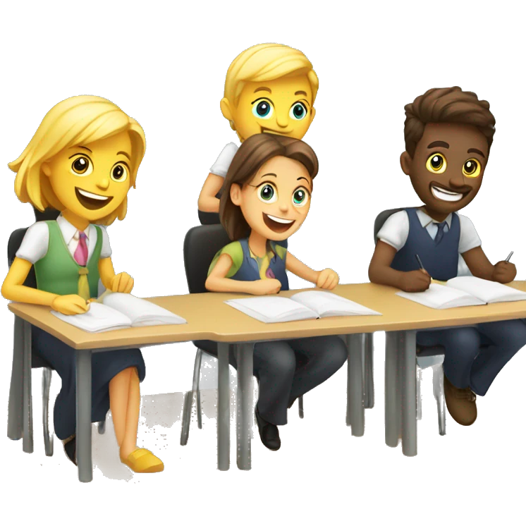 3 European students sitting at desks. They are laughing at lesson emoji