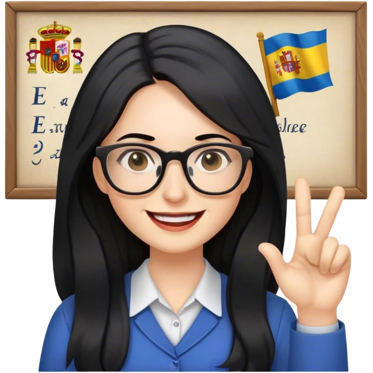 pale female teacher with long black hair, wearing glasses teaching Spanish emoji