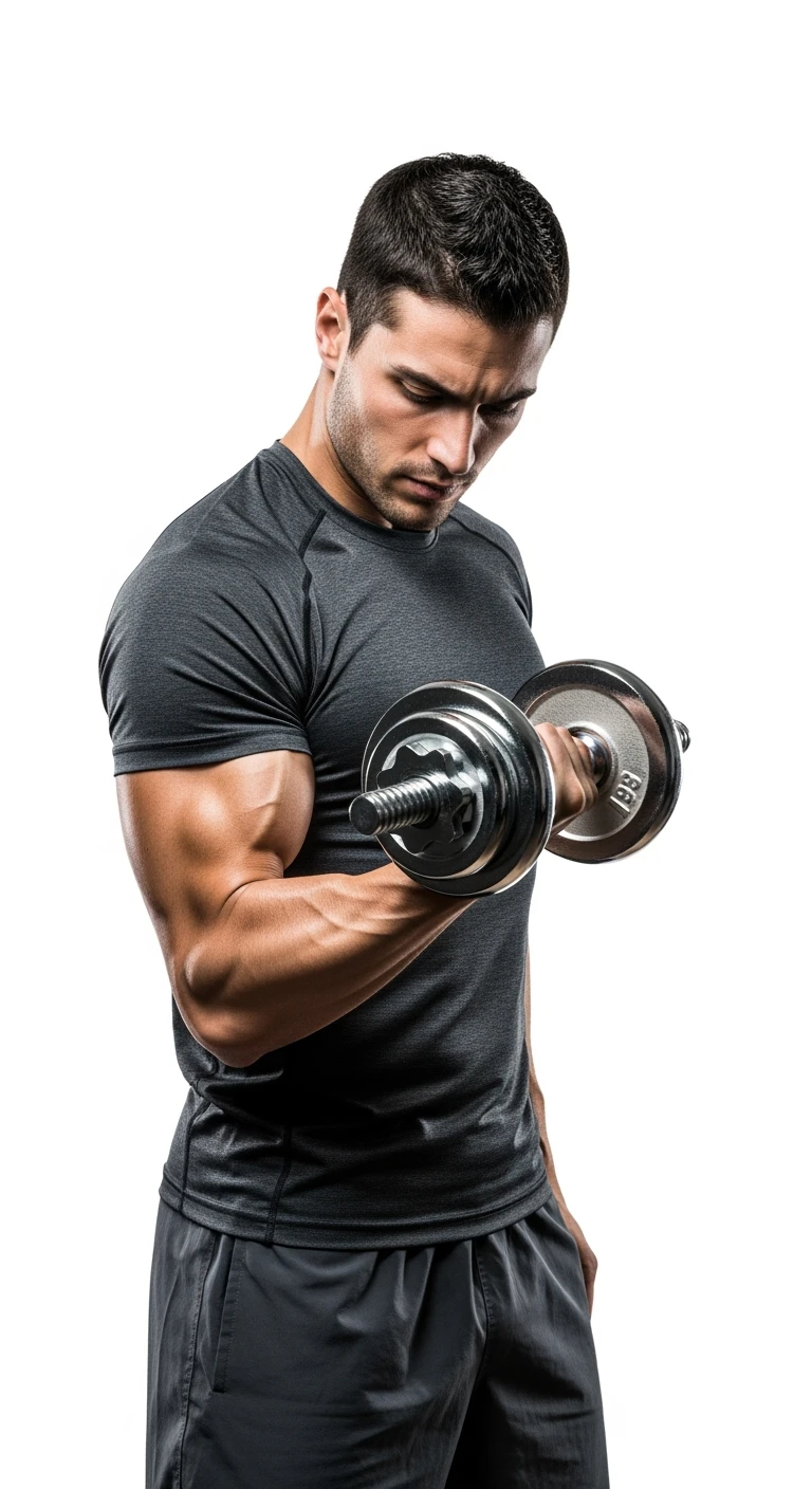 UOMO fitness CHE TIENE UN MANUBRIO DA PALESTRA IN MANO E FA UN CURL MANUBRUI, ISOLATO SU SFONDO BIANCO emoji