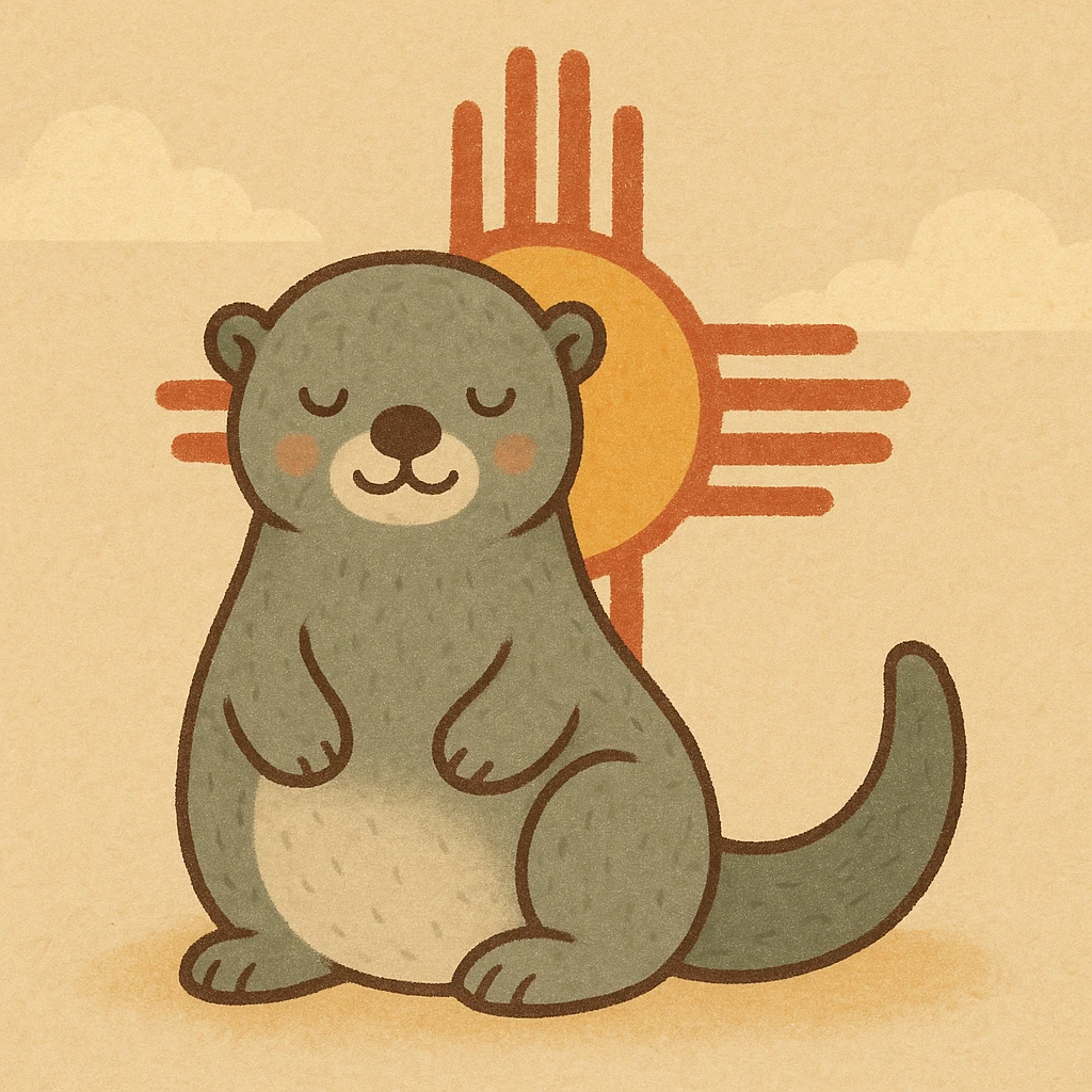 cute grey sea otter with a yellow and red Zia symbol behind it, minimal style emoji
