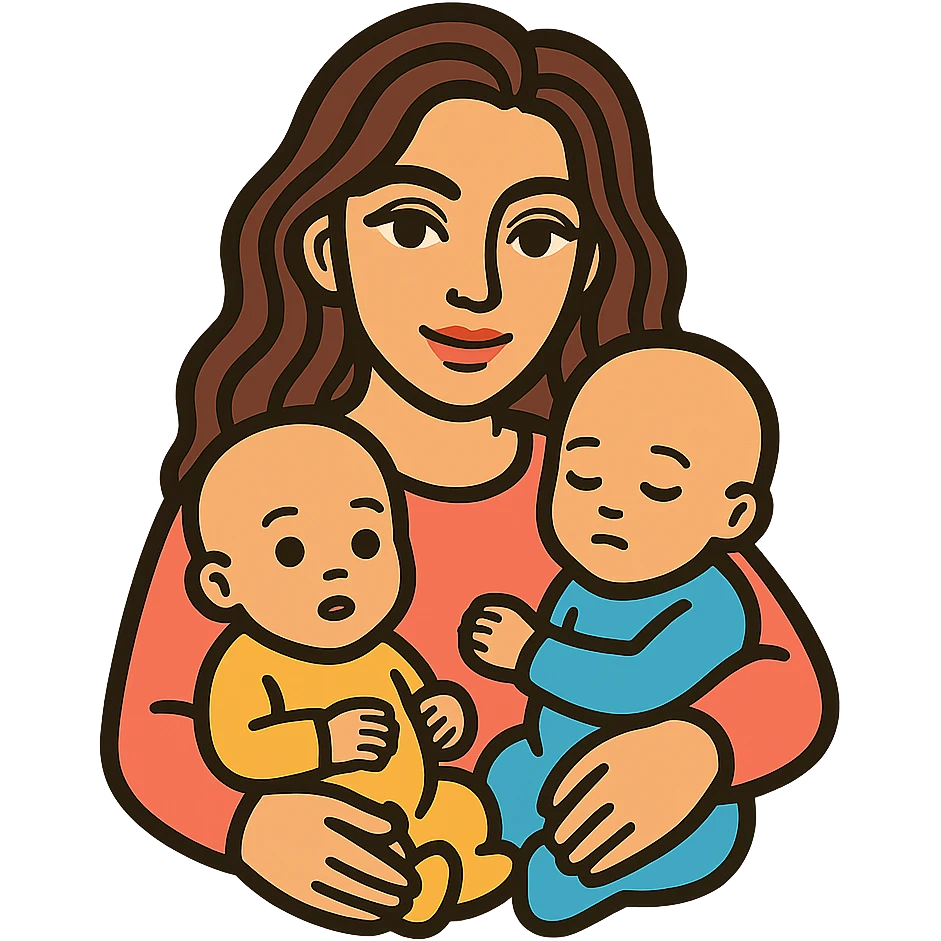Create several variations of a woman with two infants, featuring different poses and facial expressions. The woman has detailed facial features, expressive eyes and lips with shadows and highlights, and long wavy hair. The style is icon-color-outlined with a retro sticker vibe. The background should be transparent. emoji