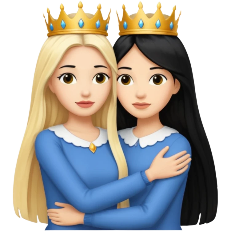 Two queens with long black hair and blonde  hugging. emoji