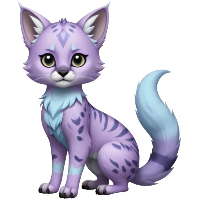 Cute kawaii cool edgy badass  pale frost-lavender fur with shimmering icy highlights fantasy-caracal-civet-genet-sergal-vernid-Gryphon-Cacomistle-Trico-oncilla-animal-Fakémon-hybrid-fursona (full body), facial markings, (realism style) emoji
