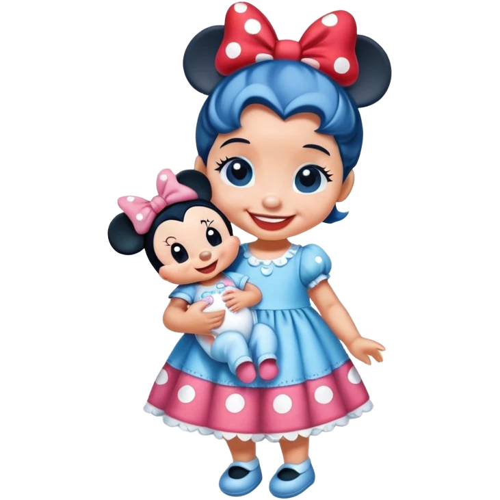 a stitch baby wearing a Minnie mouse dress holding a baby doll emoji
