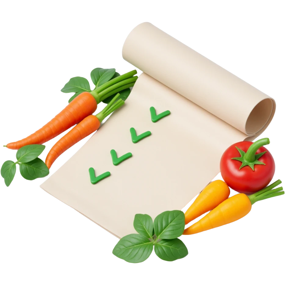 floating rolled paper list with green checkboxes and around vegetables emoji