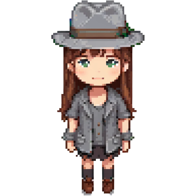 girl with brown hair wearing a grey fedora, pixel art style emoji