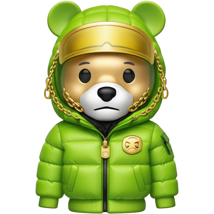 bearbrick with lime green balaclava that has built-in panoramic visor lens directly in eye area, single continuous shield integrated into the mask, not separate glasses, puffy jacket with fur, gold chains emoji