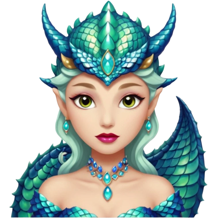 Am amazing blend of a half dragon woman with glittering jeweled scales covering her body. She has large almond shaped eyes, lush lips, and she wears a stunning luminescent gown. emoji