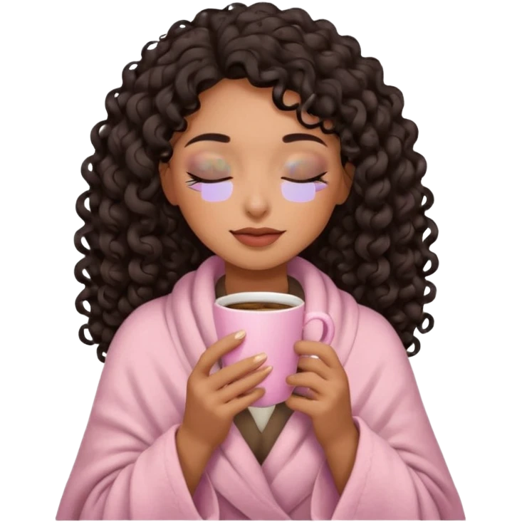 hispanic woman, brown skin, black long 3b curls, closed eyes, feminine face, holding soft pink coffee cup with beige blanket over shoulders, correct fingers, no eyeshadow emoji