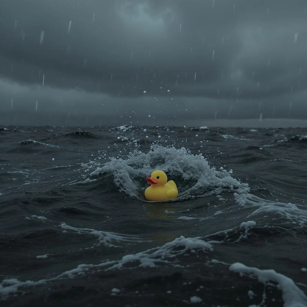 Cinematic still, Extreme Closeup shot of Yellow duck toy on ocean during cloudy day, stormy sea, Camera from top, inspired by interstellar emoji