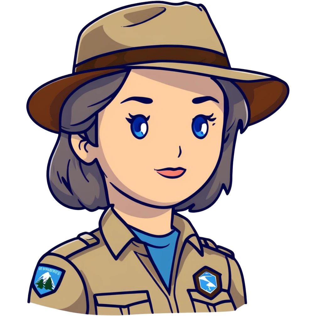 white woman park ranger with gray and brown hair, blue eyes emoji
